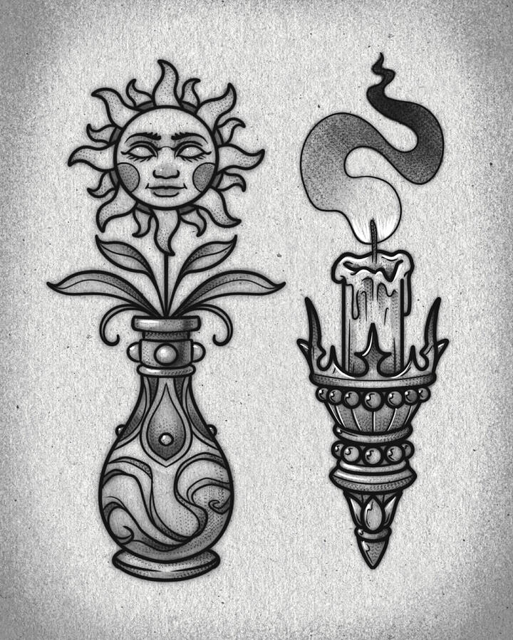 Two neotraditional designs of a candle and sun flower