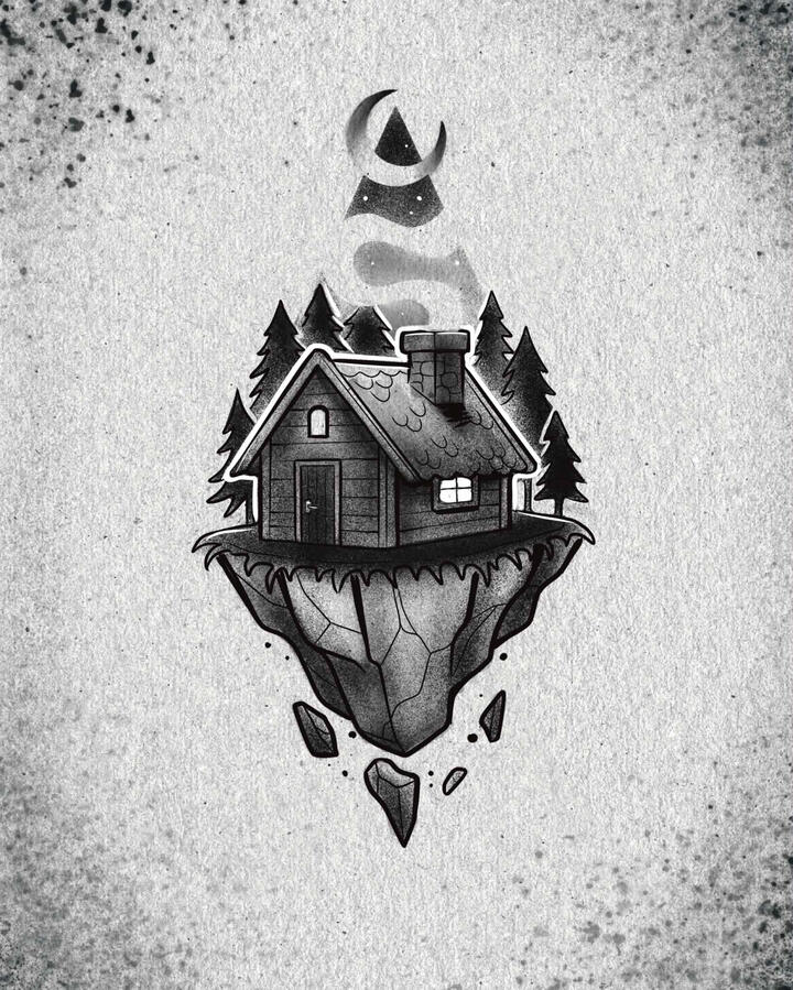 Tattoo design of a cabin in woods on top of a floating rock