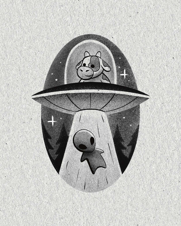 Tattoo design of a cow abducting and alien