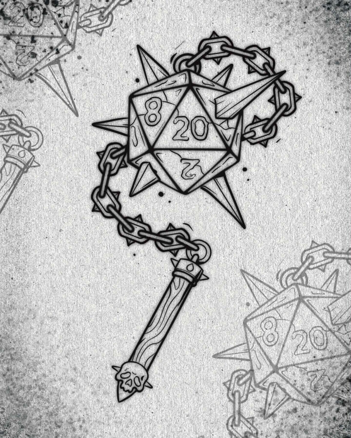 D&D inspired tattoo flash of a d20 flail