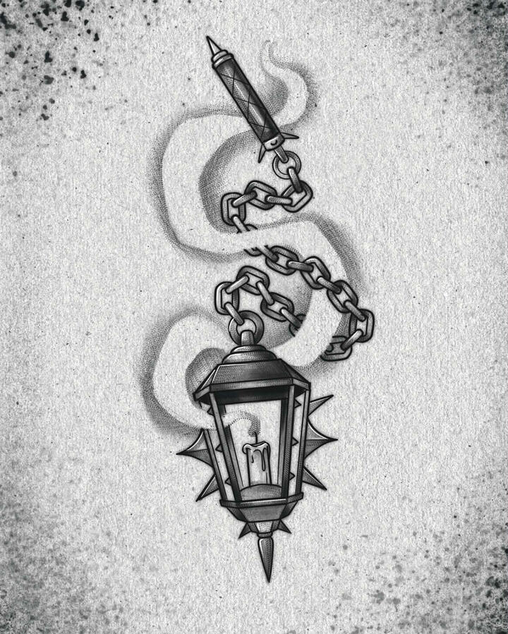 Blackwork chained lantern flail tattoo flash design