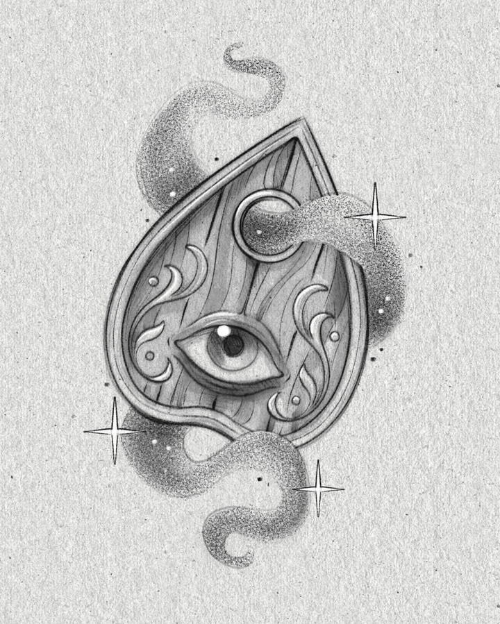 Tattoo flash of a witchy magical ouija planchette