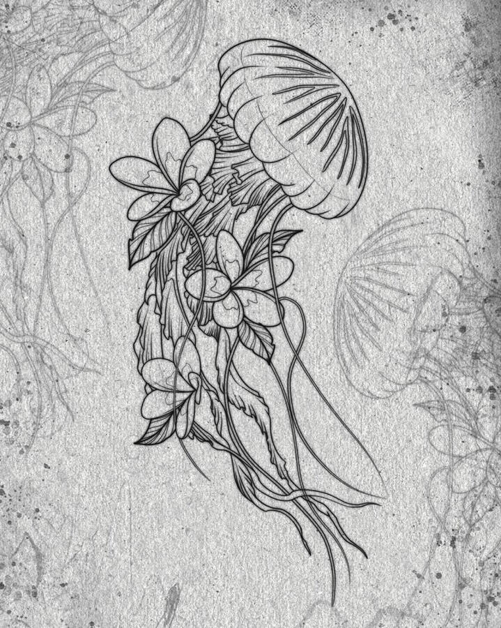 Tattoo design of a jellyfish with flowers
