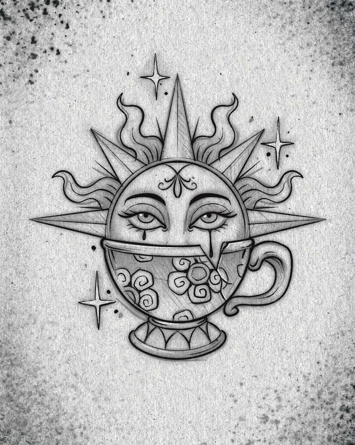 Gothic sun in a teacup blackwork tattoo design