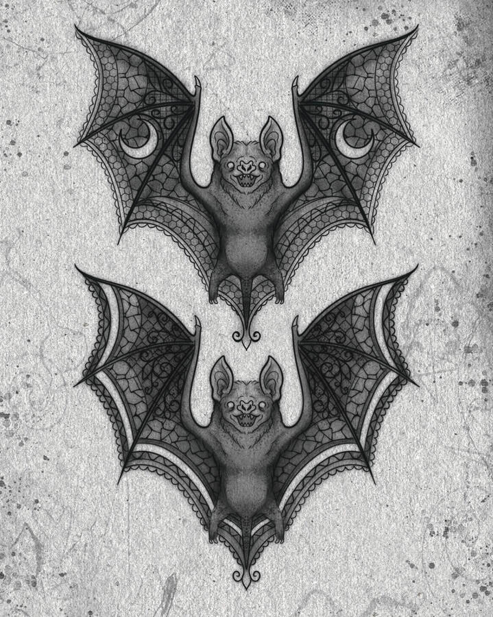 Two tattoo designs of bats with laced wings