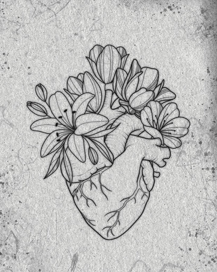 Tattoo design of an anatomical heart with flowers