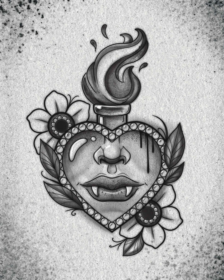 Gothic vampire heart tattoo design