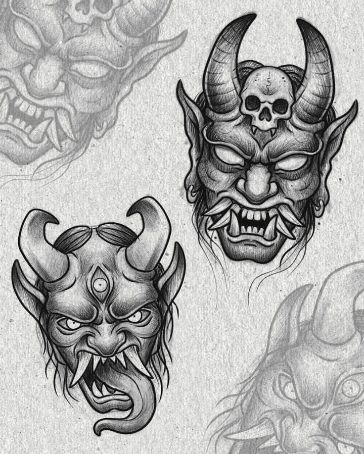 Flash tattoo design of Japanese inspired demon masks
