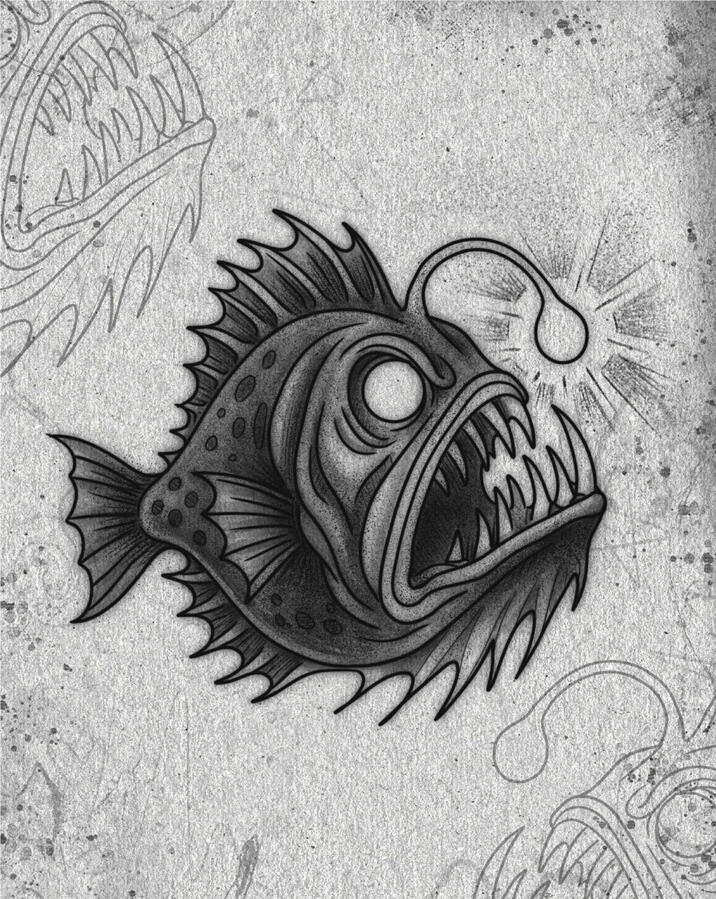 Blackwork tattoo design of an angler fish