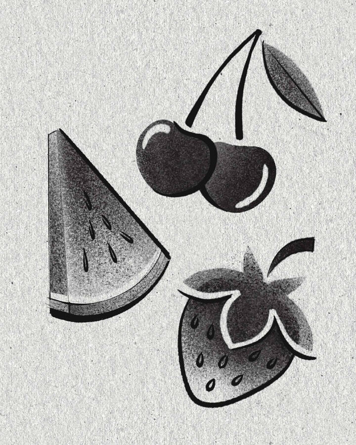 Graphic style tattoo flash of strawberry, watermelon and cherries