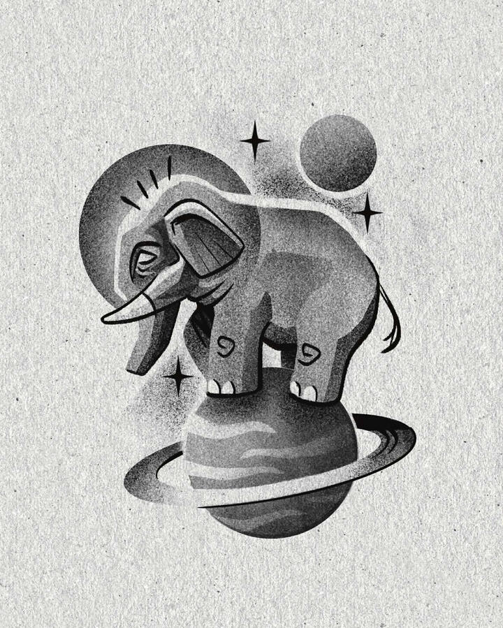 Graphic style tattoo design of an elephant with planets in the background