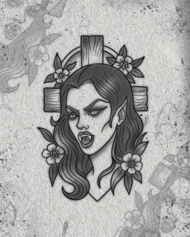 Goth vampire with cross in the background tattoo design